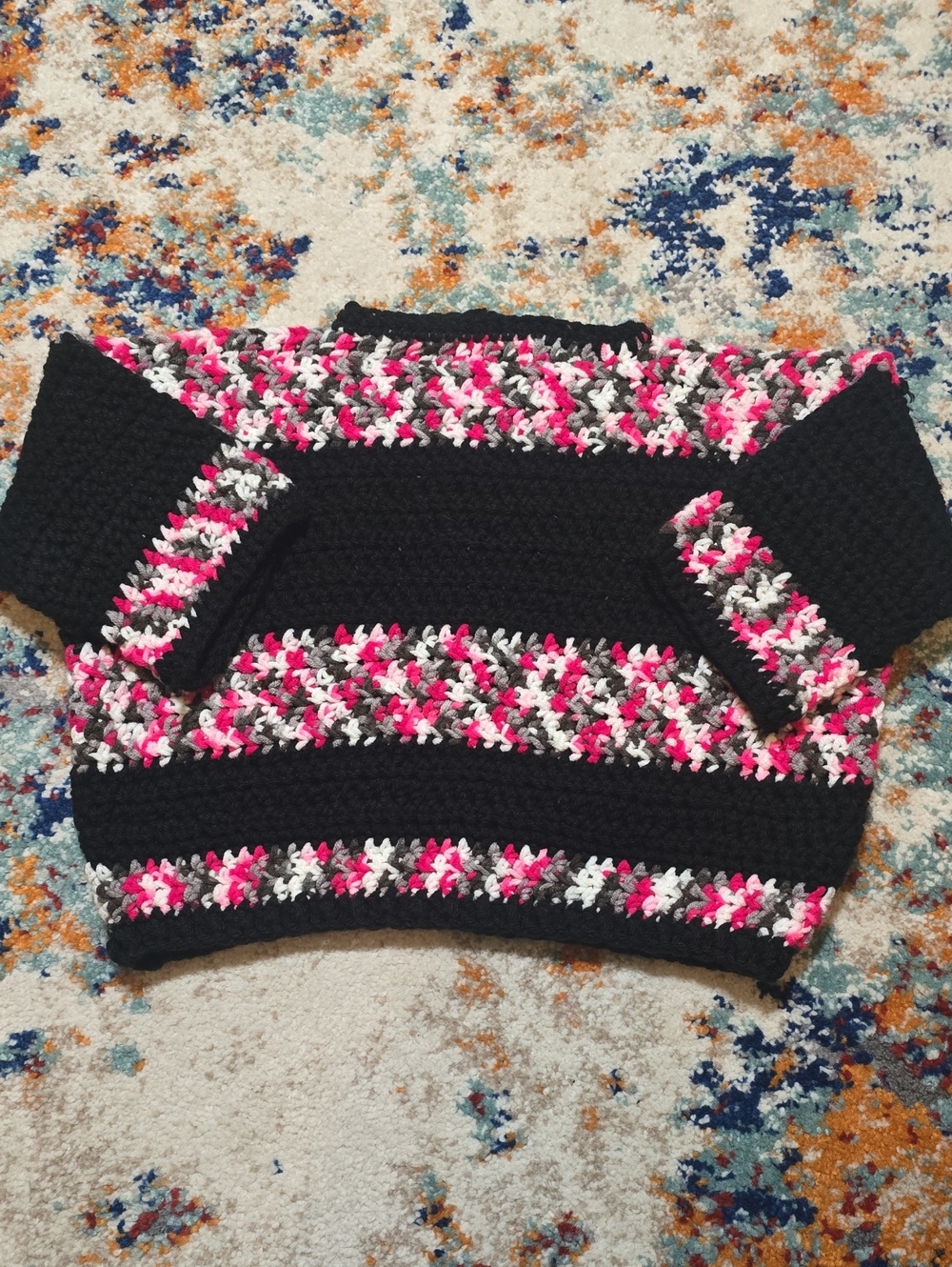 Handmade Crochet Toddler Sweater Black Pink White Stripe Pullover 4T